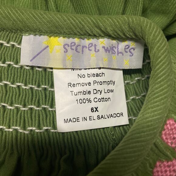 Secret Wishes Smocked Dress Corduroy Green Pixies Elastic Sleeves Size 6 EUC - Picture 10 of 11